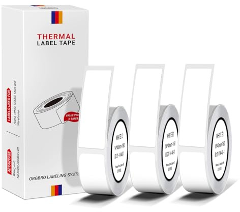 ORGBRO Etiqueta Térmica Para Etiquetadora, 3 Rollos Etiquetas Adhesivas Personalizadas 12×40mm Térmica Etiquetas Adhesivas, Pegatinas Autoadhesivas para Oficina y Hogar, 160 Etiquetas/Rollo, Blanco
