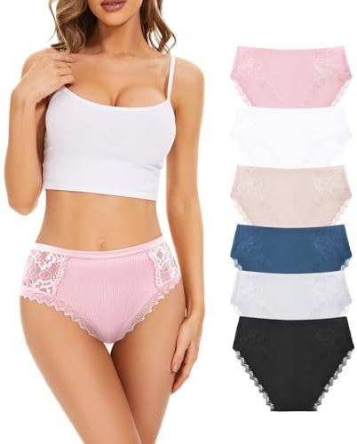Lot de Culottes en Coton et Dentelle pour Femme – Taille Mi-Haute, Couverture Totale – Lingerie Douce et Confortable au Quotidien (6450-C3, XL)