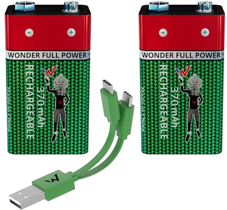 Wonder Full Energy – Pilas de 9 V/6 LR61 – Recargables vía USB-C – Cable USB-C Incluido – Larga duración – 9 V, 3600 mWh, 370 mAh – Pack de 2 Pilas