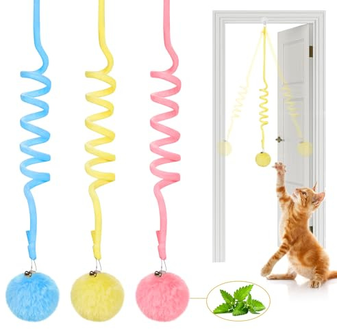Potaroma Hanging Fluffy Cat Catnip Ball Toys 3 Pcs with Bell, Interactive Cat Teaser Retractable Toys Indoor Kitten Play Chase Exercise Physical Stimulation