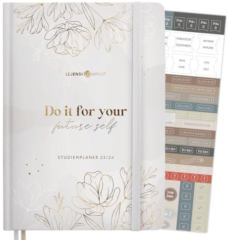 Lebenskompass® Studienplaner 2026 A5 „Bloom“ - Semesterplaner für Uni & Studium | Terminplaner mit Stundenplan, Notenlisten, Reflexion | Hardcover mit Goldprägung