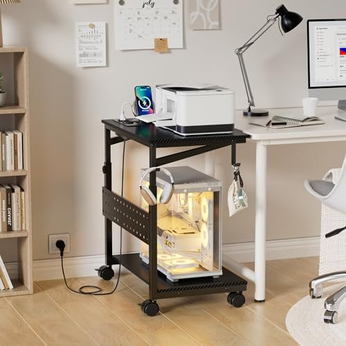 MSFE Soporte de impresora de altura ajustable de madera y metal, soporte para impresora, carro de almacenamiento y estación de carga, mesa con ruedas, sala de estar, dormitorio, estudio, estudio,