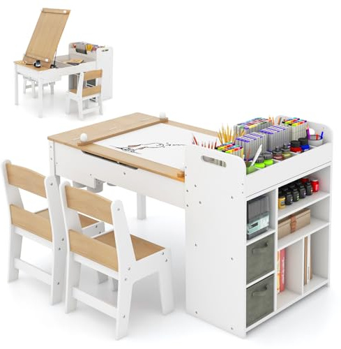GOPLUS 3 en 1 Table Enfant avec 2 Chaises, Table a Dessin Chevalet avec Pied en Pin, Plateau Rabattable, Porte-Rouleau de Papier, Bureau Enfant avec Rangement,120x60x60cm (Naturel)