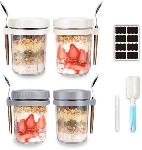 Eidoct 4 Pack Overnight Oats Containers with Lids and Spoons, 350ml Glasses