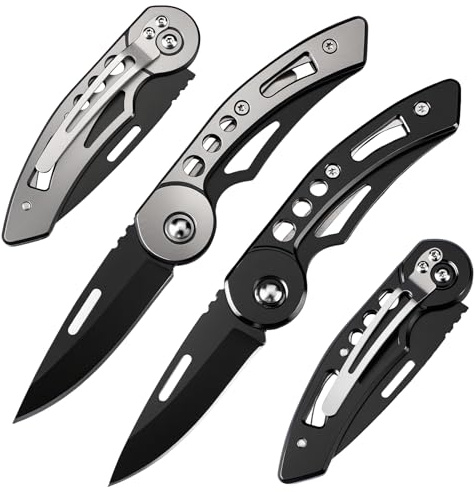 DRACHENADER Confezione da 2 Coltelli Pieghevoli Piccoli, Mini Coltello Tascabili a Due Mani con Lama da 6,1 cm, EDC con Clip, per Apertura Pacchi, Legale in Germania, Argento e Nero