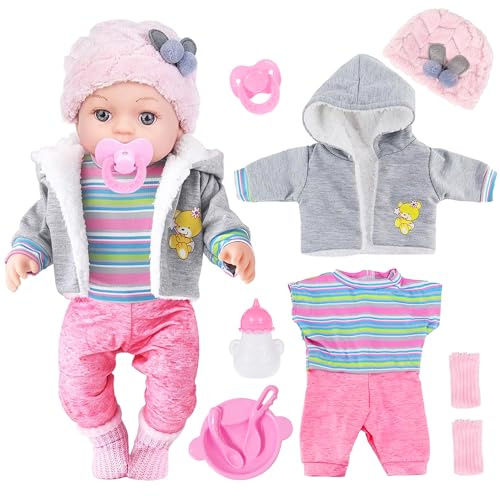 30cm / 12inch Baby Doll for Babies - One Doll with 3-Piece Outfits, 4 Accessories & Feeding Playset - Realistic Rosy Cheeks & Blue Eyes, for Kids Girls (Gift Box Package)