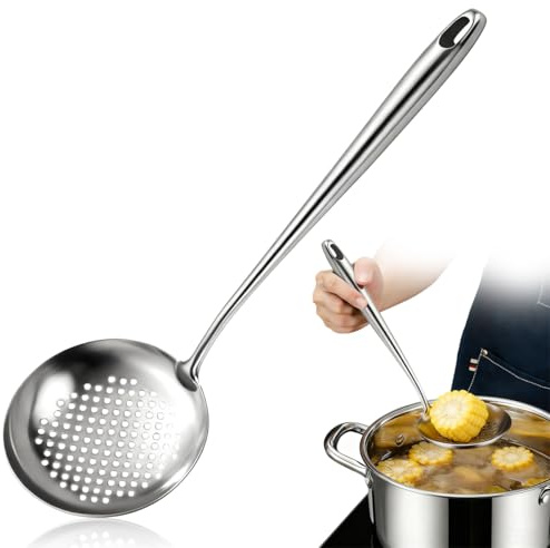 Écumoire en acier inoxydable, écumoire, louche à mousse, truelle à mailles fines avec long manche, louche, cuillère à filtrer, passoire de cuisine