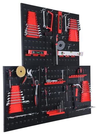 Relaxdays Paneles Perforados para Herramientas, 5 Unidades, 48 Accesorios, 60 x 40 cm, Metal, Taller, Negro/Rojo