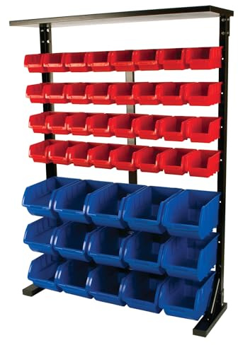 Performance Tool W5193 Half Bulk Bin Storage Rack with 32 Large and Small Bins for Easy Garage Organization of Tools, Parts, Hardware, and More, Red and Blue