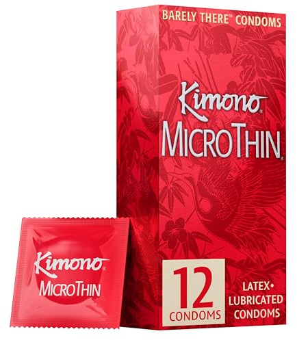 Kimono MicroThin Condoms Pack of 12 - Premium Lubricated Natural Latex, Thinnest, Vegan-Friendly, No Latex Odor - Thin, Strong, and Extra Sensitive