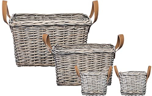 Brandsseller Weidenkorb 4er Set – geflochtene Körbe mit Kunstleder-Griffen, grau, Aufbewahrung & Deko Organizer – Länge-Breite-Höhe ca. 1x 40x28x24 cm 1x 30x20x19 cm 2x 15x11x11 cm Grau