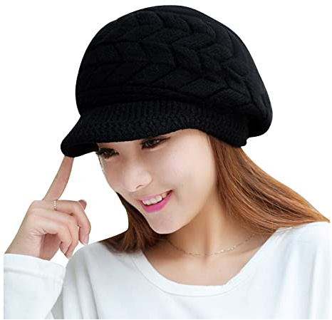 Andiker Women Winter Knit Hat with Brim Black White Grey, Elegant Beanie Cap with Warm Fleece Lined