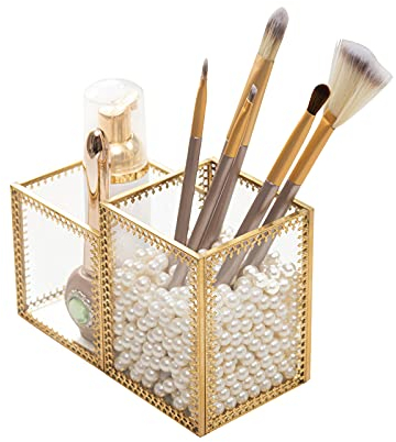 HARLIANGXY Porta-pennelli per Cosmetici in Vetro Trasparente, Porta Pennelli da Trucco, Organizer per Cosmetici Oro, Organizer per Pennelli Cosmetici, 15 x 7,5 x 10 cm