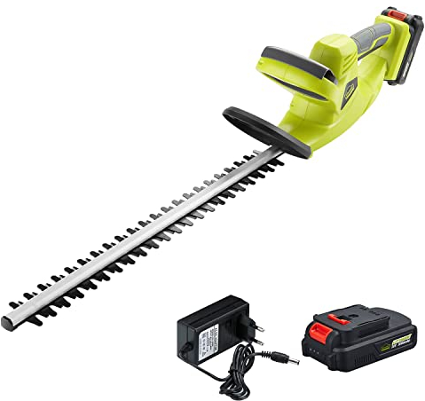 DEWINNER Heckenschere, kabellos, 20 V, Doppelschalter und Doppelgriff, mit Li-Ion-Akku 2,0 Ah und Ladegerät, 65 cm, asymmetrische Klinge