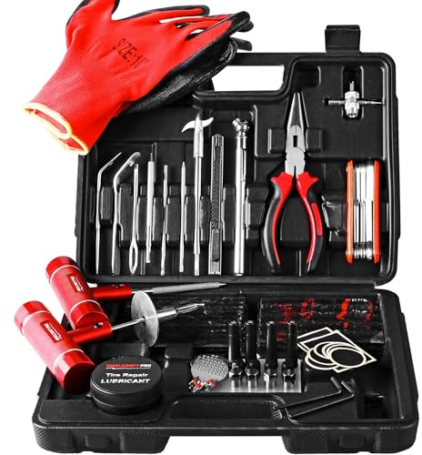 AWELCRAFT Kit de Reparación de Neumáticos de 108 Piezas – Caja de Herramientas Resistente para Camión, Coche, Tractor – Tapones para Pinchazos con Mango en T, Alicates, Herramienta de Válvula 4 Vías