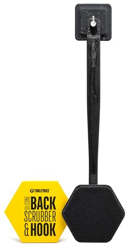Tooletries - Silicone Back Scrubber with Hook - Exfoliating Shower Brush, Back Washer for Men, Durable Back Brush with Long Handle - Long Lasting Bath & Shower Accessories - Charcoal