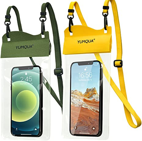 YUMQUA Funda Impermeable Móvil 2 Unidades, Universal IPX8 Bolsa Estanca Funda Impermeable para iPhone 15 14 13 12 Pro MAX/Galaxy S23 S22/ Huawei P60 P50 Pro (Verde Militar+Amarillo)