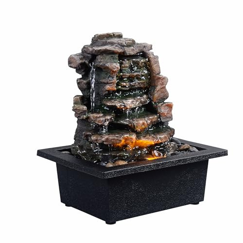 GOSSI Home Décor Waterfall Meditation Fountain Indoor Tabletop Many Natural River Rocks Decorated Office Home Tabletop Fountion with LED Lights Christmas Decorations