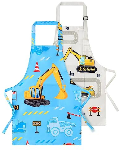 WERNNSAI Kids Art Aprons - 2 Pack Truck Childrens Apron for Boys Waterproof Toddler Chef Aprons for Cooking Baking Painting Gardening Adjustable Bib with Pocket Kitchen Classroom Age 2-5