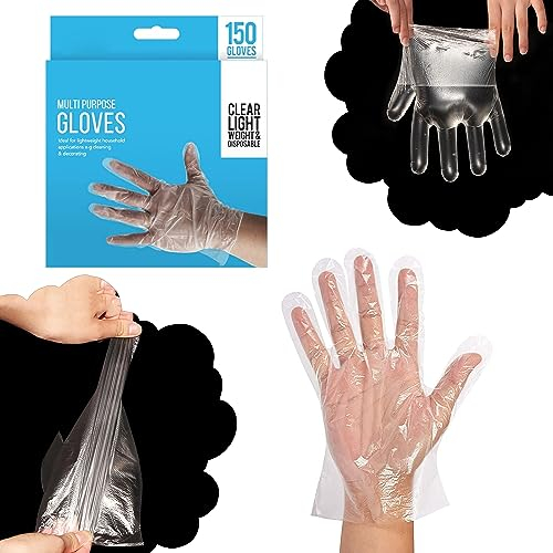 HOVUK 150Pcs Disposable Food Safe Gloves Waterproof Clear Plastic Polythene Gloves for Cooking Cleaning Food Handling Kitchen Use Hygiene Tasks Lightweight Durable