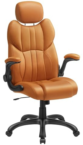 SONGMICS Office Chair, Ergonomic Gaming Chair, Adjustable Headrest, Tilt Function, Foldable Armrests, Swivel Castors, Adjustable Height, E-sports Chair, Caramel Brown OBG065K11