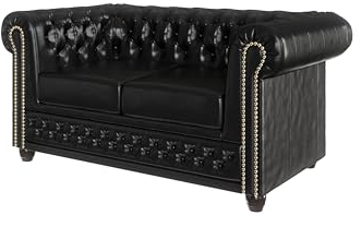 S-Style Möbel George Sofa 2-Sitzer Chesterfield-Sofa Mit Schlaffunktion für Wohnzimmer Lounge Couch Aus Veganem Leder Möbel Freistehende Polster Sofas & Couches Couchgarnitur Schwarz 148 x 86 x 72 cm