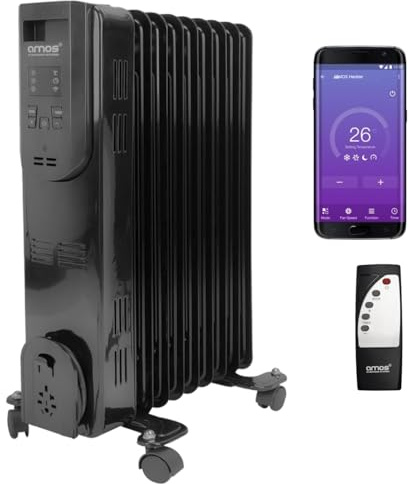 AMOS 9-Fin 2000W Oil Filled Radiator Wi-Fi Smart App Enabled & Remote Control 3 Heat Settings Timer Digital Display, Black