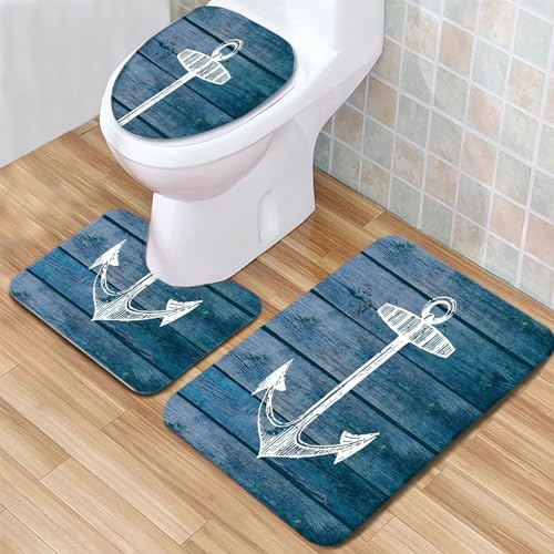 Badezimmerteppich Set 3 Teilig Anker und Blaue Holzmaserung Badematte rutschfest Bad Teppiche, U-förmiger WC-Vorleger, WC-Deckelbezug für Dusche und Toilette Badezimmerdekoration