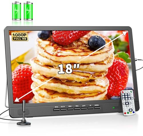 DESOBRY 18-Zoll tragbarer Fernseher mit Freeview, 6000mAh Akku Kleiner Fernseher mit Antenne, 12V Camping TV mit eingebautem Digital DVB/T2 Tuner, unterstützt USB/HDMI/RCA/AV Eingänge