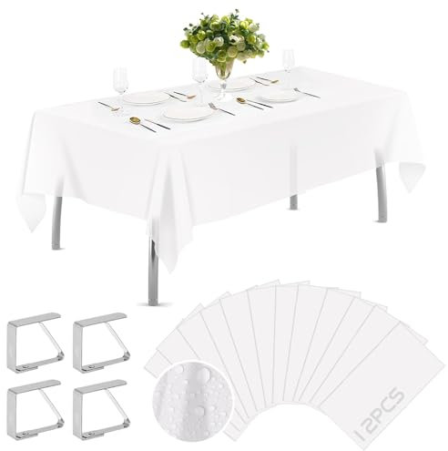 Kunststoff Tischdecke,12 Stück Tischdecke Weiß 137 x 274 cm,Rechteckige Tischdecke mit 4 Tischklammern,Wasserdicht,Wiederverwendbar,Plastiktischdecke für Biertisch,Party,Feste,Hochzeiten