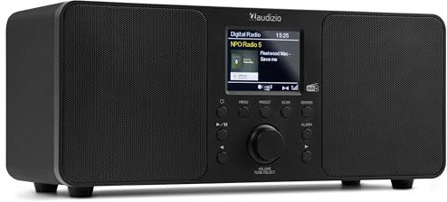Audizio Genua DAB Digital Radio with Bluetooth, Powerful 50W Stereo Speakers, DAB+, FM & USB Playback, Dual Alarm, Sleep Timer, Remote Control & Colour Display—Mains Powered, Compact Black Design