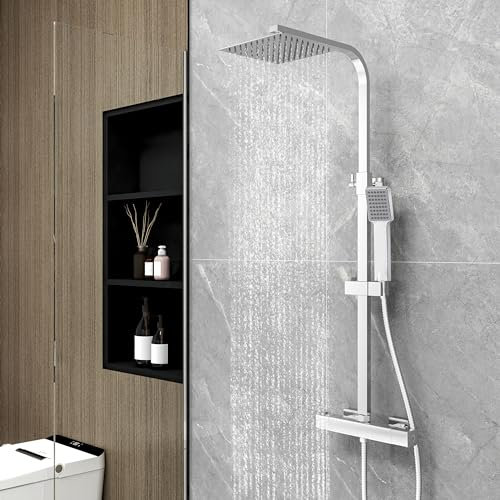 Sky Bathroom Thermostatic Mixer Shower Set, Square Shower Mixer Bar System with Adjustable 8 Overhead Rainfall Shower Head and Handheld Shower Chrome Silver