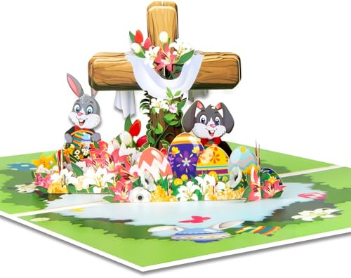 GREETING ART Tarjeta de Pascua Pop Up 3D, diseño de conejo de Pascua con huevos, inspiradora tarjeta de felicitación floral 3D con Santa Cruz, tarjeta de Pascua con sobre