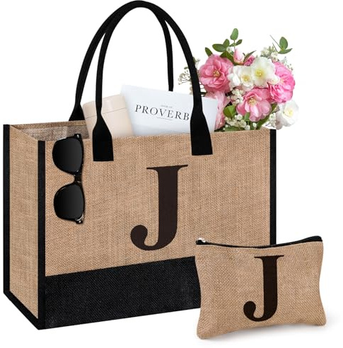Initial jute-tygväska och sminkväska, födelsedagspresenter för kvinnor hennes mamma lärare, lämplig för bröllop, strand, semester