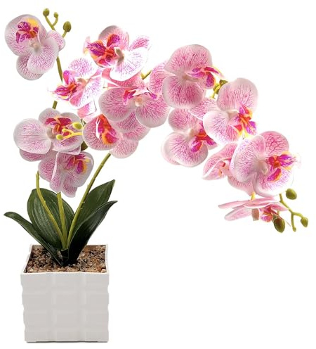 Daily Treasures 13-Heads Artificial Orchid Flower in Pot,50cm Silk Orchid Arrangement with Plastic Vase,Potted Pink Flowers,Silk Phalaenopsis Indoor Decor for Home Table Centerpiece