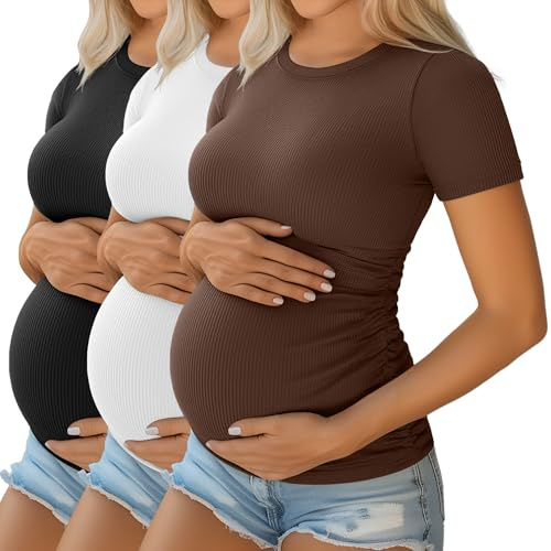 Ficerd Pack de 3 Chemises de Grossesse | En Coton, Manches Courtes, Tissu Raye, Plisse Lateral, Ete, Pour Futures Mamans, Travail, Decontracte