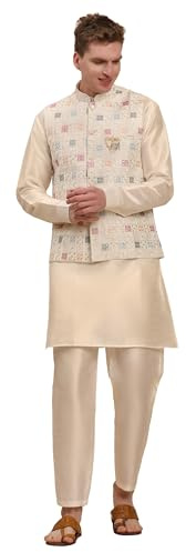 Pro-Ethic Style Developer Mens Indian Traditional Silk Kurta Set With Jacket For Men Floral Design (C-112) White Large