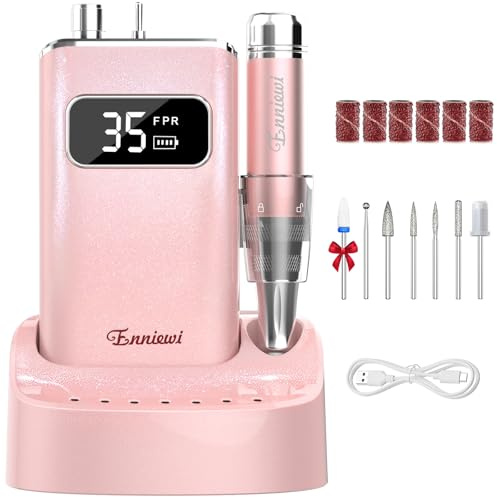 Enniewi Nail Drill with Wireless Auto Charging Station, Charging Anytime, 35000RPM Professional Electric Nail File for Acrylic Gel Nails, Cordless 7 Bits Manicure Kit for Salon Home, Pink