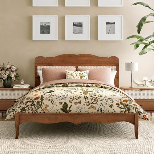 Sophia & William Queen Size Bed Frame, Wood Bed Frame with Hand-Woven Rattan Headboard, Solid Wood Slats Support, Brown