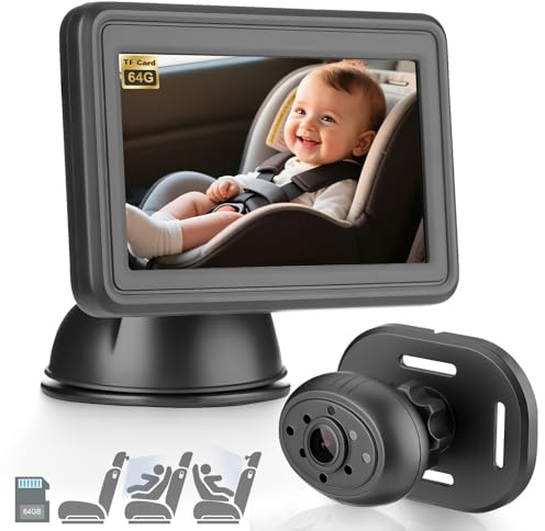 GEARMONSTER Cámara de coche para bebé HD 1080P, cámara trasera de 4,3 pulgadas con monitor, tarjeta TF de 32 GB, USB plug-and-play, visión nocturna, visión nocturna para el asiento trasero del coche