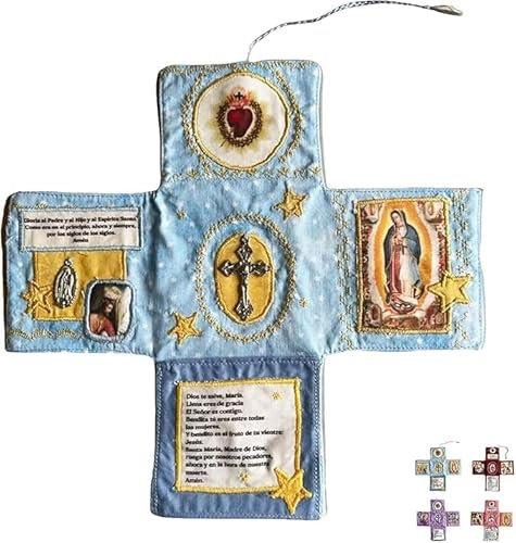 Devocional de bolsillo hecho a mano, edición de fe, kit de oración de viaje católico de 10 pulgadas con cruz, bolsa de tela plegable en forma de cruz, imágenes de santos y oraciones españolas, regalo