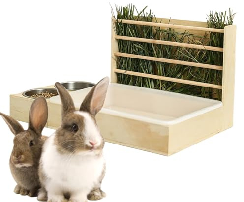 Hobngmuc Heu-Futterstation mit Katzentoilette, Heu-Futterstation mit Katzentoilette und Schüsseln – multifunktionaler Hasenfutter-Grashalter, Futterschalen für Lebensraum, Käfigstall