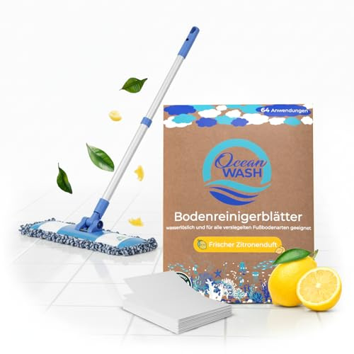 OceanWash Bodenreiniger Blätter mit Zitronenduft, 64 Anwendungen, starker Floor Cleaner für gründliche Bodenreinigung, ideal für Laminat, Holz, Fliesen und versiegelte Böden, biologisch abbaubar