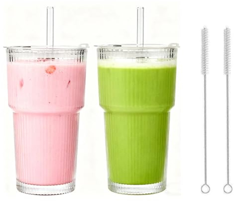 2 Pcs Glass Iced Coffee Cups with Lids & Straws - 600ml Large Reusable Tumblers for Cold Drinks - Perfect for Smoothies, Bubble Tea, Matcha Latte & Iced Coffee (600, milligrams)