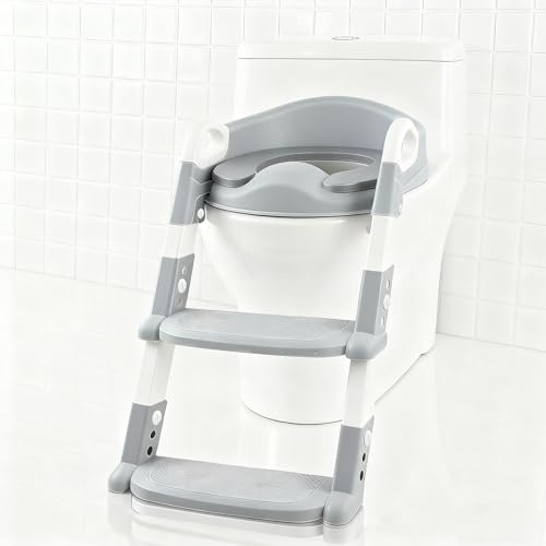 Adaptador WC Niños con Escalera，Plegable Portatil Infantil Asiento Inodoro，Inodoro de Entrenamiento 2 en 1 para Niños, Cojín Antideslizante y Antisalpicaduras, Taburete de Escalera