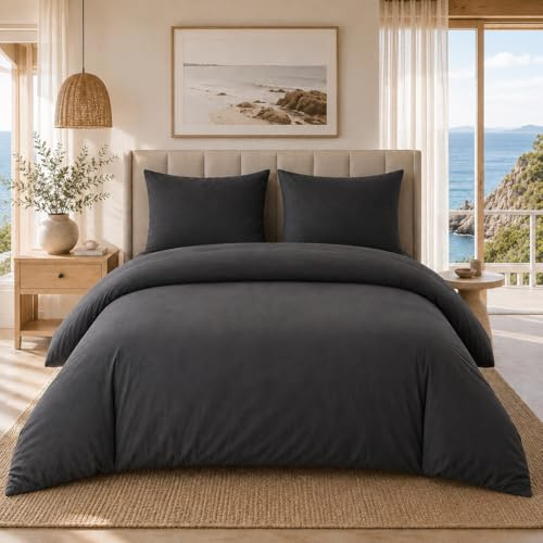 Set Copripiumino Matrimoniale 3 Pezzi BOSALONI HOME, composto da 1 copripiumino 200x200 cm, con chiusura a zip nascosta più 2 federe abbinate 50x80 cm, Tinta Unita - Grigio Antracite
