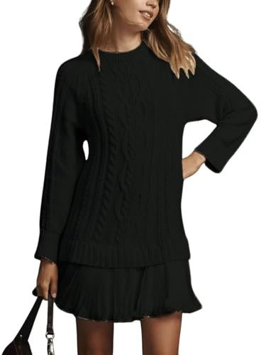 WINKEEY Vestito Donna Invernale Abito a Maglia Manica Lunga Mini Abito Elegante Maglione Lavorato Tinta Unita,Nero S