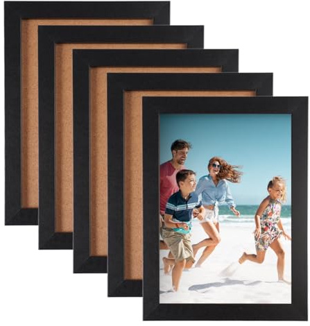 Juego de 5 Marco de Fotos Negro 13 X 18 cm, Marcos Fotos Negro de Madera 5x7 Pulgadas con Cristal Acrílico, para Colgar O Exponer Fotografías, Imágenes O Collages de Pósteres en Vertical, Horizontal