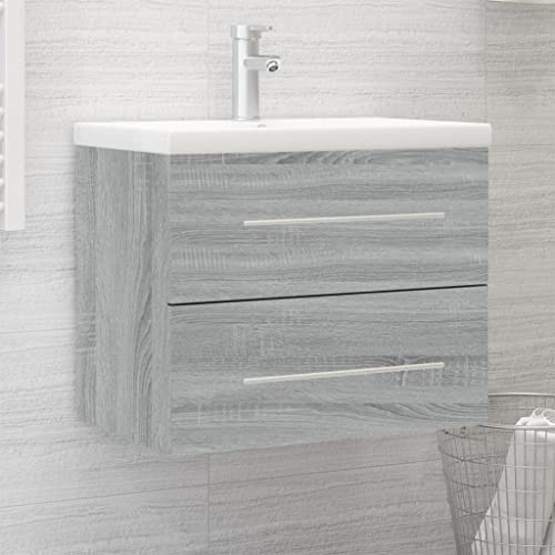 NiuBIKeLasI Washbasin Cabinet with Built-In Basin, Grey Sonoma Wood Material, 60 x 38.5 x 48 cm, Moisture-Resistant, Modern Bathroom Cabinet with Ceramic Sink