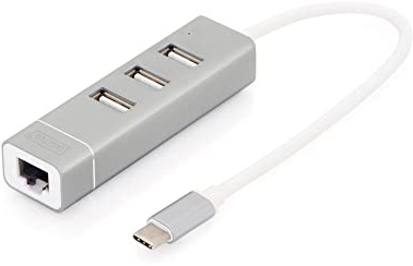 DIGITUS Concentrador USB-C - 3 Puertos - USB 2.0 - con Adaptador LAN Fast Ethernet - 3X Puertos USB-A 480 Mbit/s - 1x Puerto RJ45 100 Mbit/s - Plug & Play - Plata